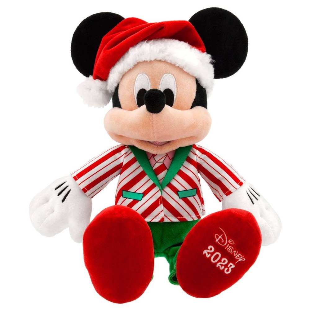 Disney Mickey Mouse Plush 2023 Christmas Santa Hat Candy Striped Jacket Holiday